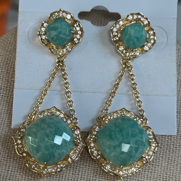 Rarities Carol Brodie Gold-Plated Cushion Amazonite & Zircon Drop Earrings Nwt - Picture 4 of 7
